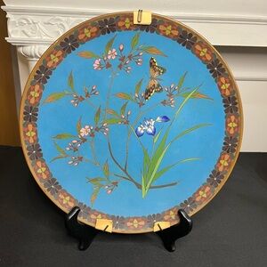 Antique Japanese cloisonné plate brass enamel inlay butterfly flowers